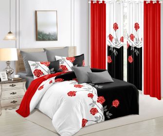 9 Piece in a Bag Thick Touch Bed Cover Curtain Set, Upgraded Luxury Bedspread Set, Bamboo microfiber All Season Bedding-Set For Home, RV Beding (Color: black/white red flower, size: QUEEN)