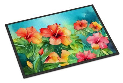 Hawaii Hawaiian Hibiscus in Watercolor Doormat Front Door Mat Indoor Outdoor Rugs for Entryway, Non Slip Washable Low Pile, 24H X 36W (Default: Default)